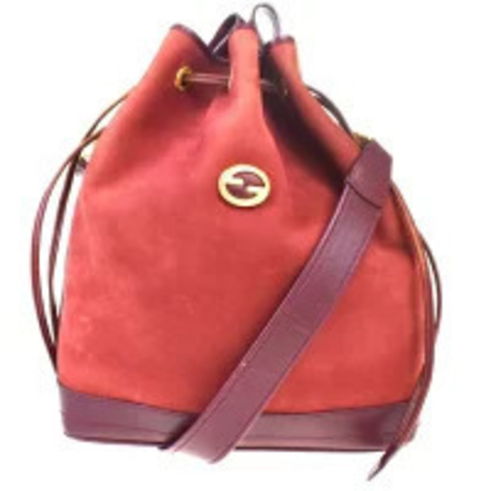 Gucci red suede drawstring bucket bag prominent Horsebit logo